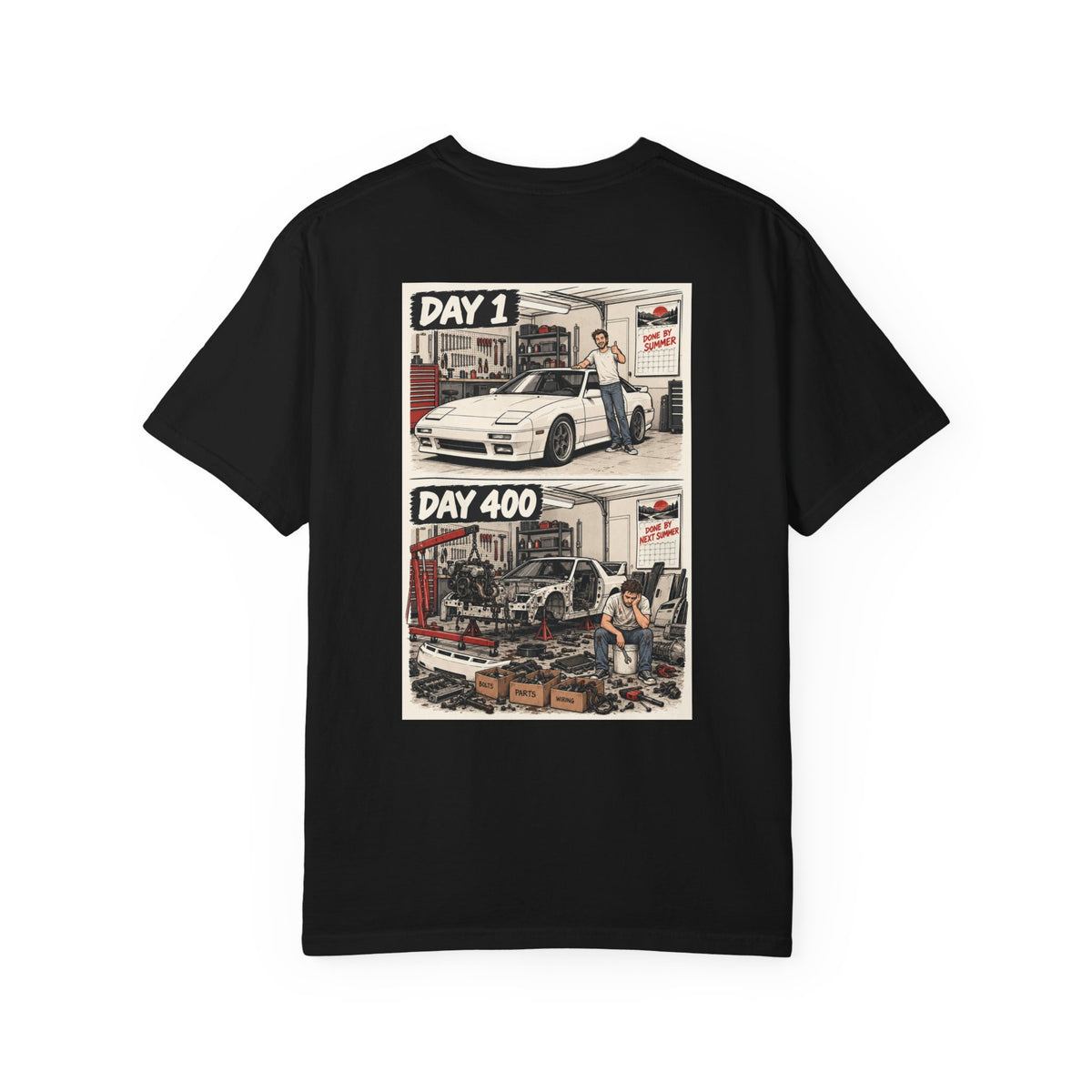 Day 1 Day 400 Car Project Illustration T-Shirt | Garage Restoration Scene