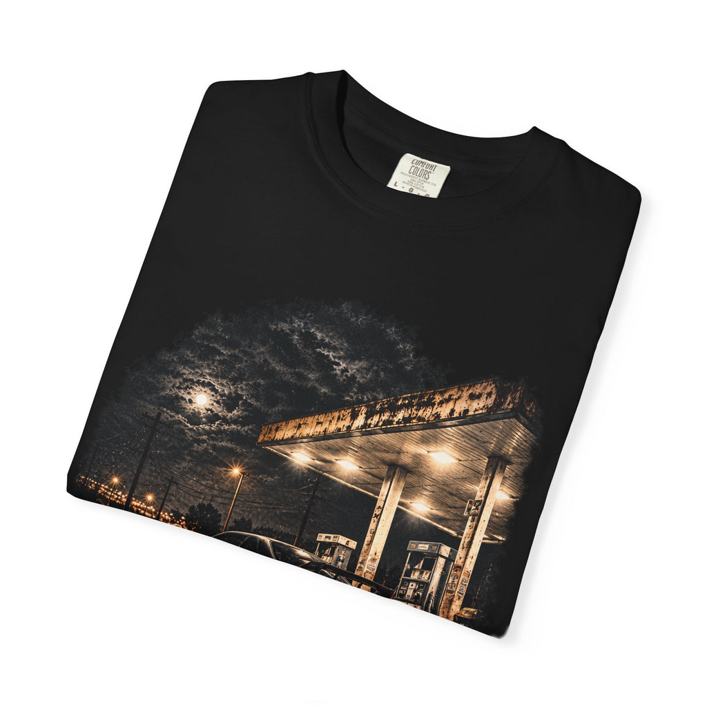 Nighttime Gas Station Car T-shirt | Rainy Street Photography Tee