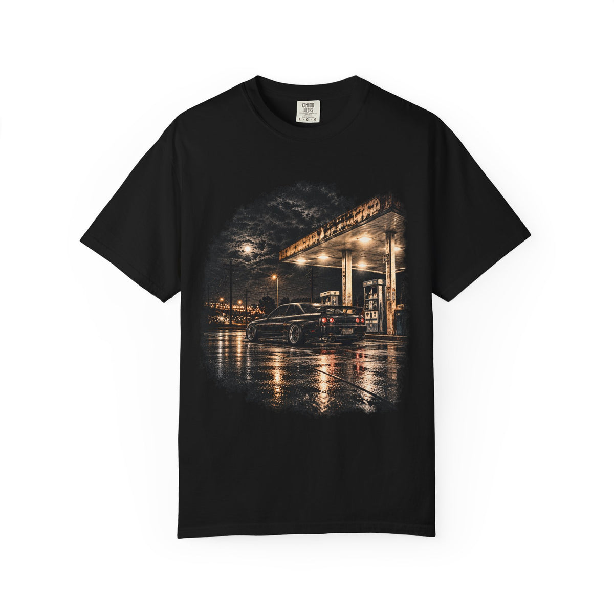 Nighttime Gas Station Car T-shirt | Rainy Street Photography Tee