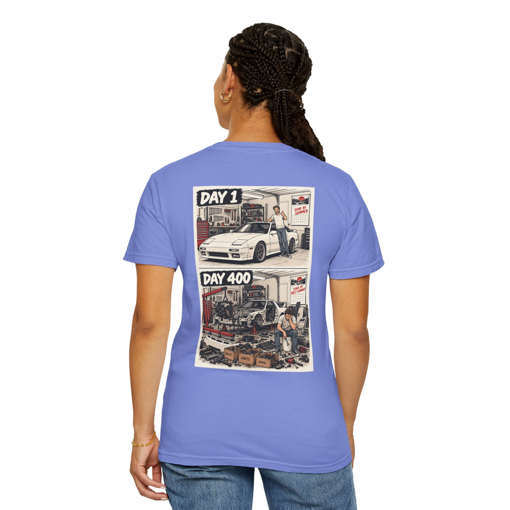 Day 1 Day 400 Car Project Illustration T-Shirt | Garage Restoration Scene