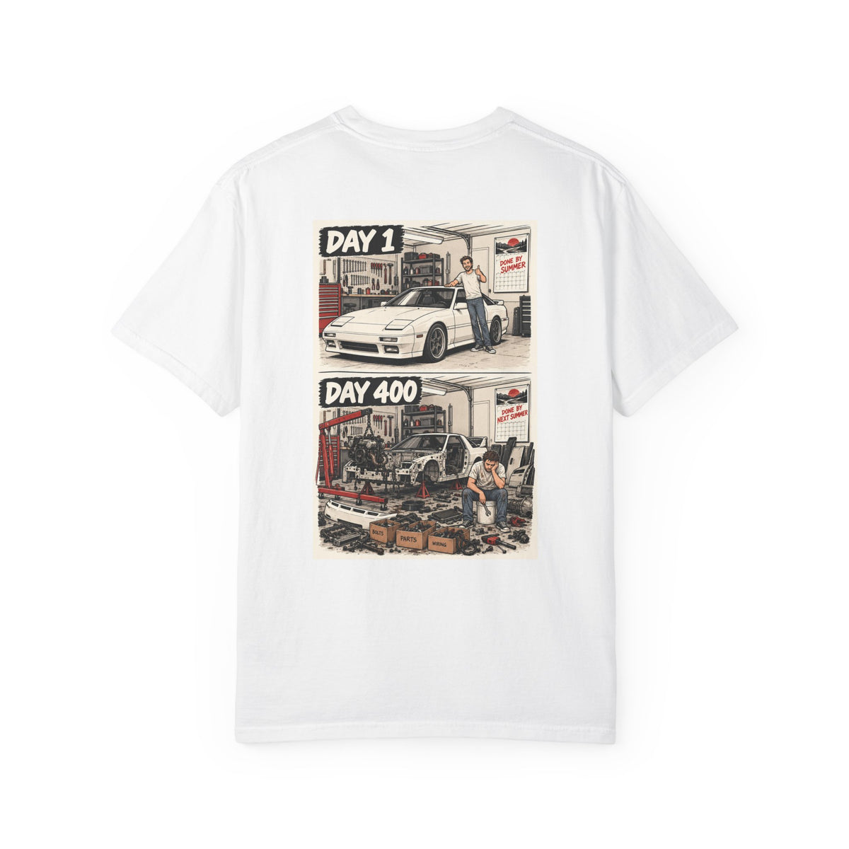 Day 1 Day 400 Car Project Illustration T-Shirt | Garage Restoration Scene