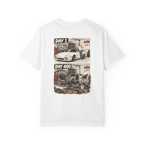Day 1 Day 400 Car Project Illustration T-Shirt | Garage Restoration Scene