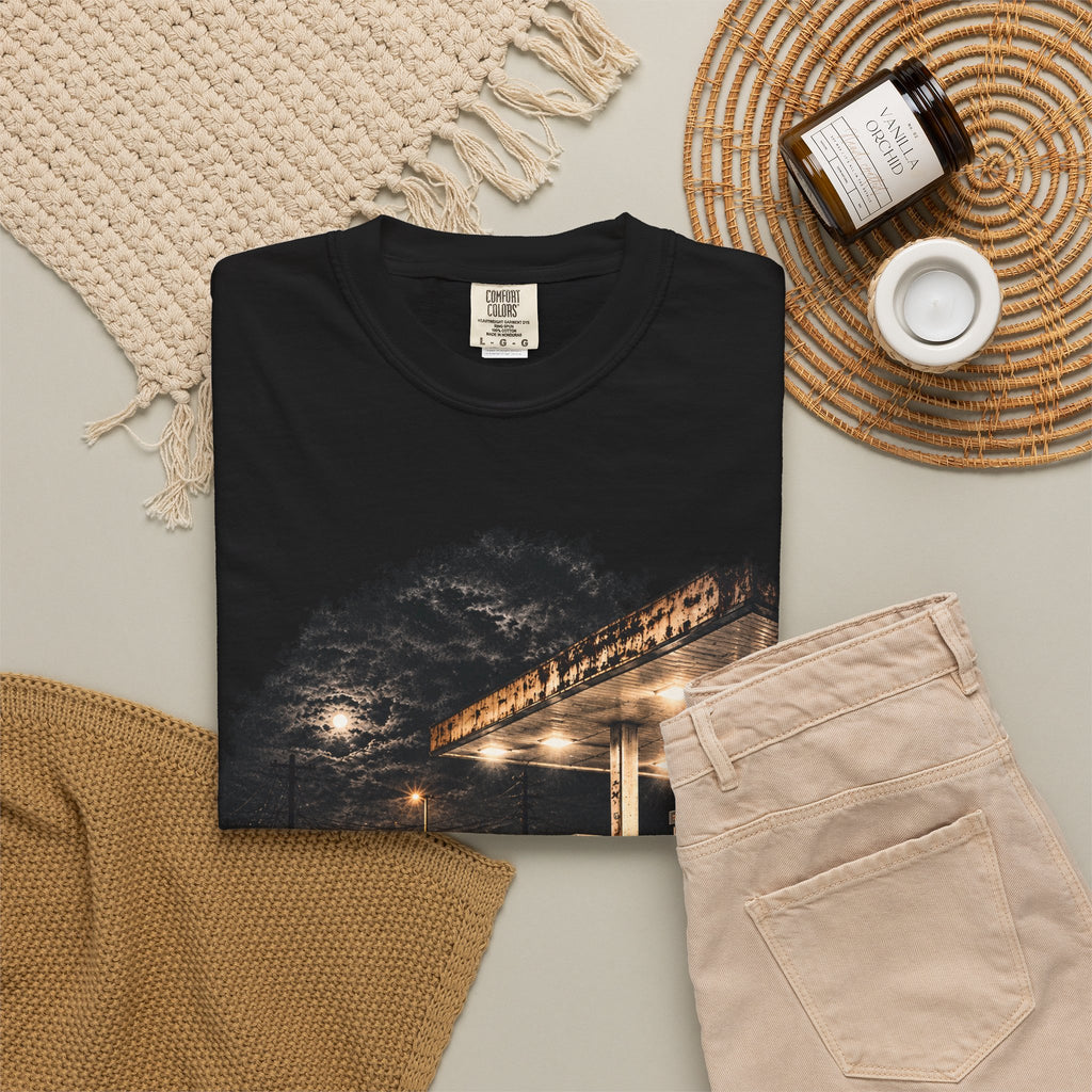Nighttime Gas Station Car T-shirt | Rainy Street Photography Tee