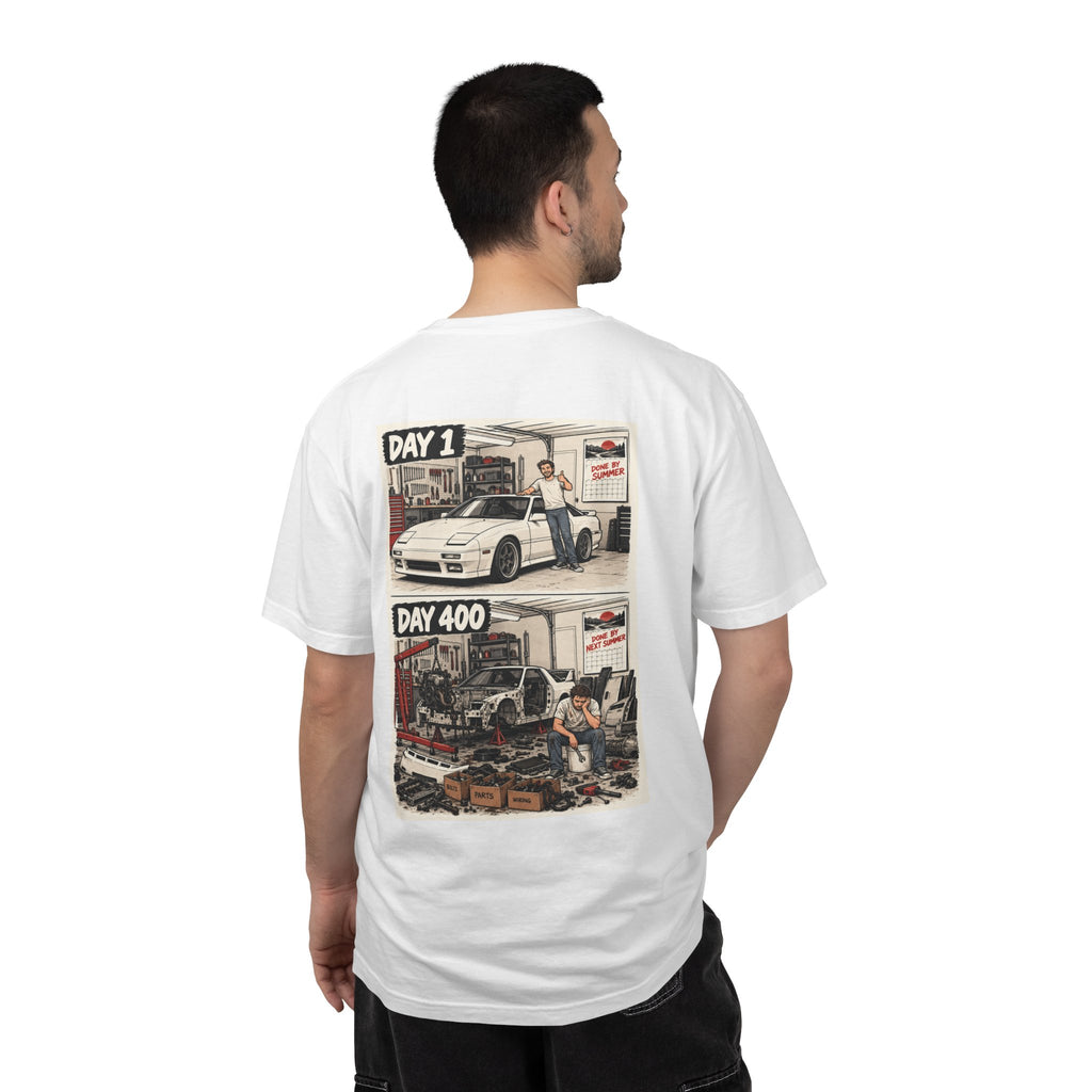 Day 1 Day 400 Car Project Illustration T-Shirt | Garage Restoration Scene