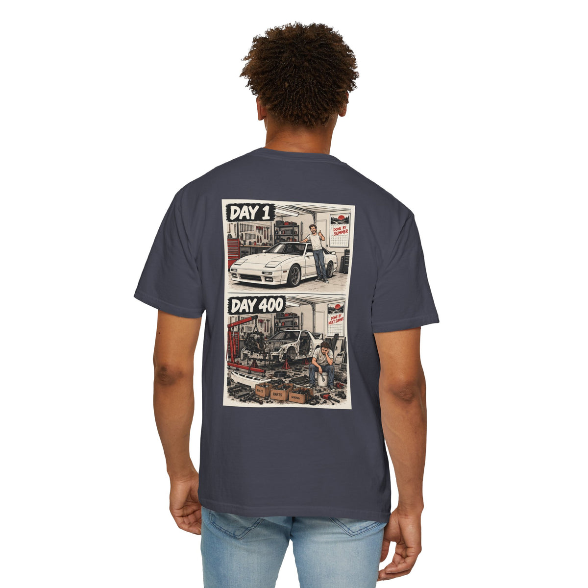 Day 1 Day 400 Car Project Illustration T-Shirt | Garage Restoration Scene