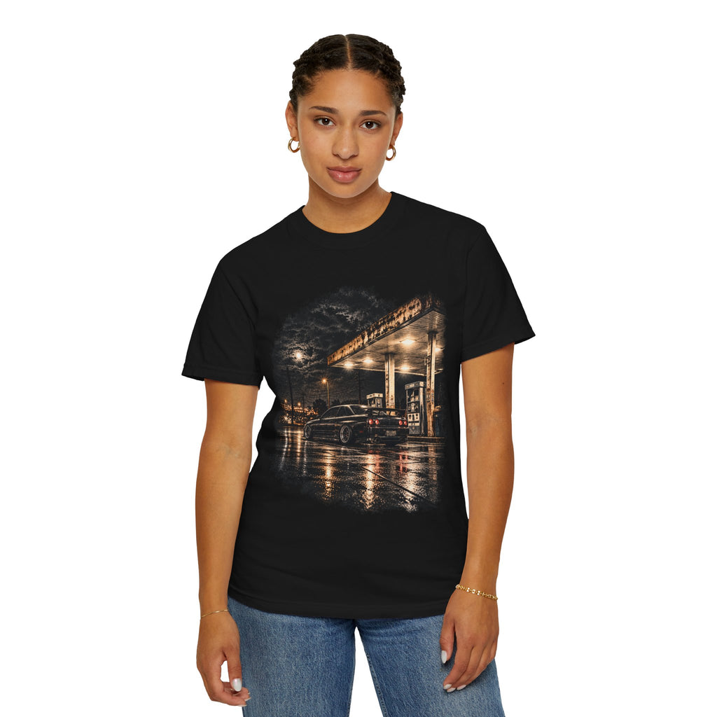 Nighttime Gas Station Car T-shirt | Rainy Street Photography Tee