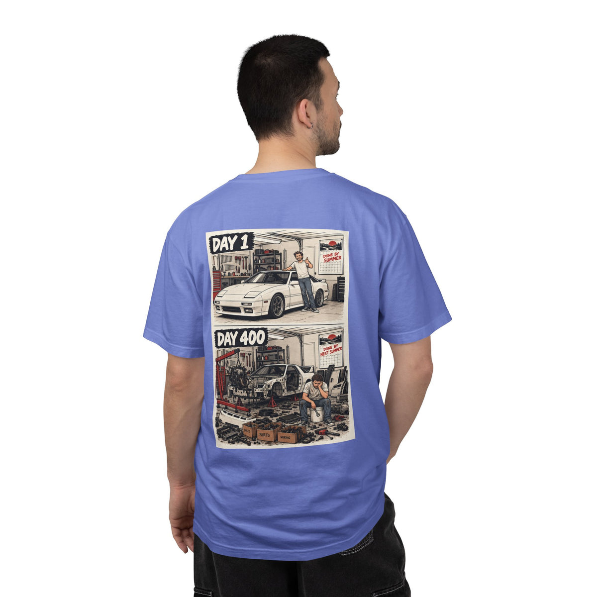 Day 1 Day 400 Car Project Illustration T-Shirt | Garage Restoration Scene