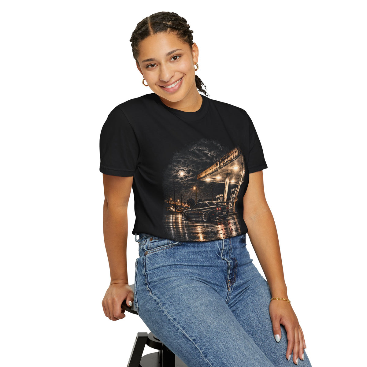 Nighttime Gas Station Car T-shirt | Rainy Street Photography Tee