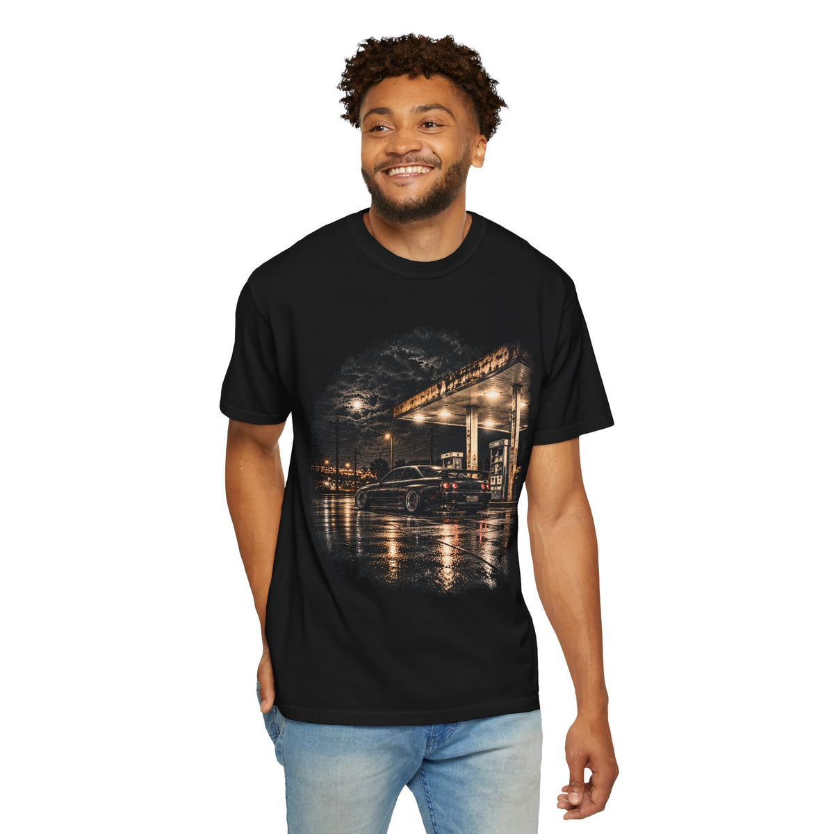 Nighttime Gas Station Car T-shirt | Rainy Street Photography Tee