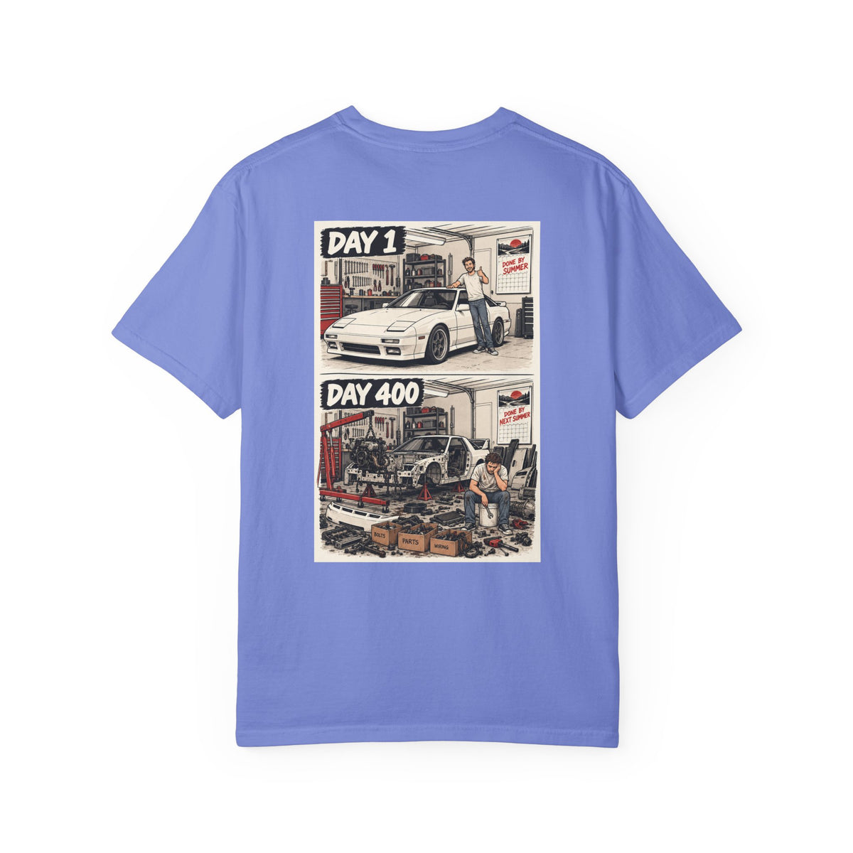 Day 1 Day 400 Car Project Illustration T-Shirt | Garage Restoration Scene
