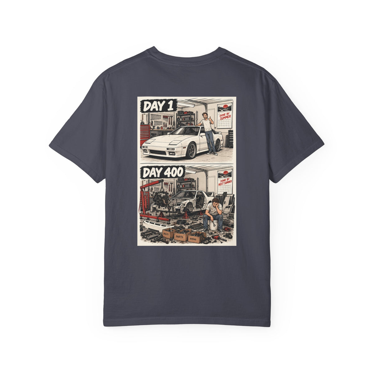 Day 1 Day 400 Car Project Illustration T-Shirt | Garage Restoration Scene